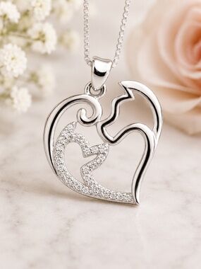 New Sterling Silver Heart Dog Pendant, Cubic Zirconia, Pet Lover Gift
